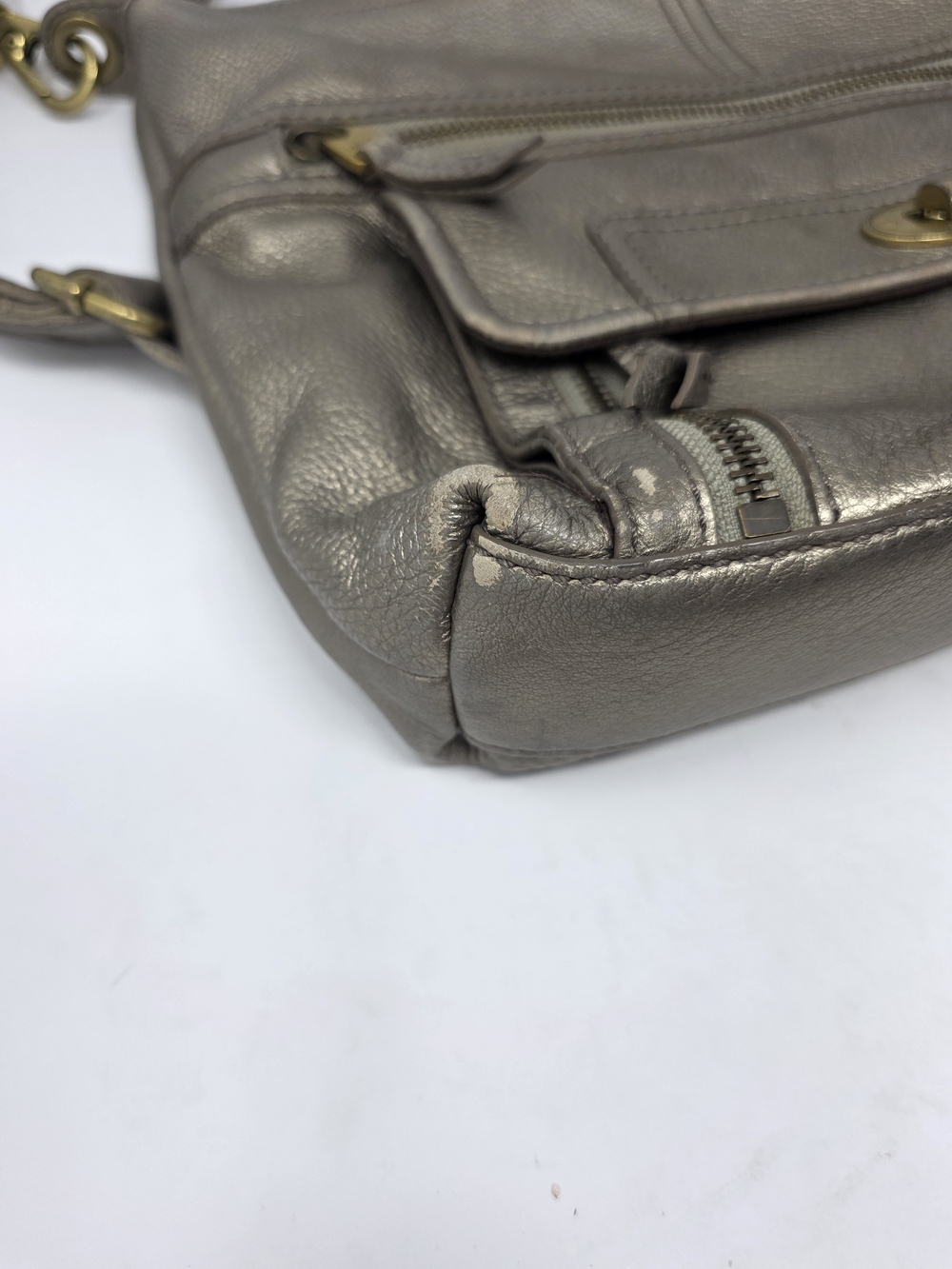 Fossil Metallic Leather Crossbody Bag Pewter Bronze Multi Pocket Shoulder Purse - Picture 2 of 6